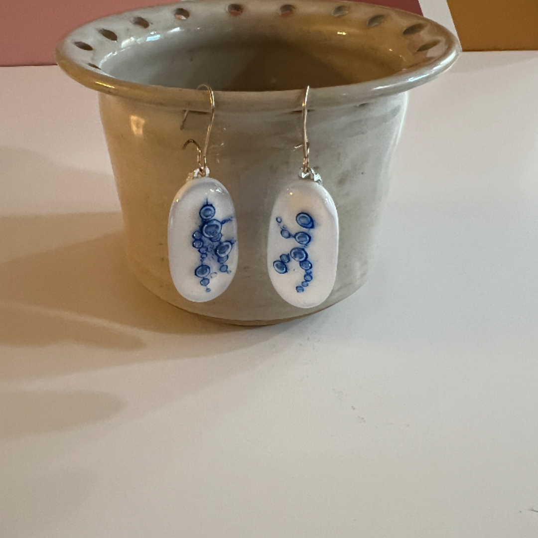 Fused Glass Earrings - White with blue bubble figures