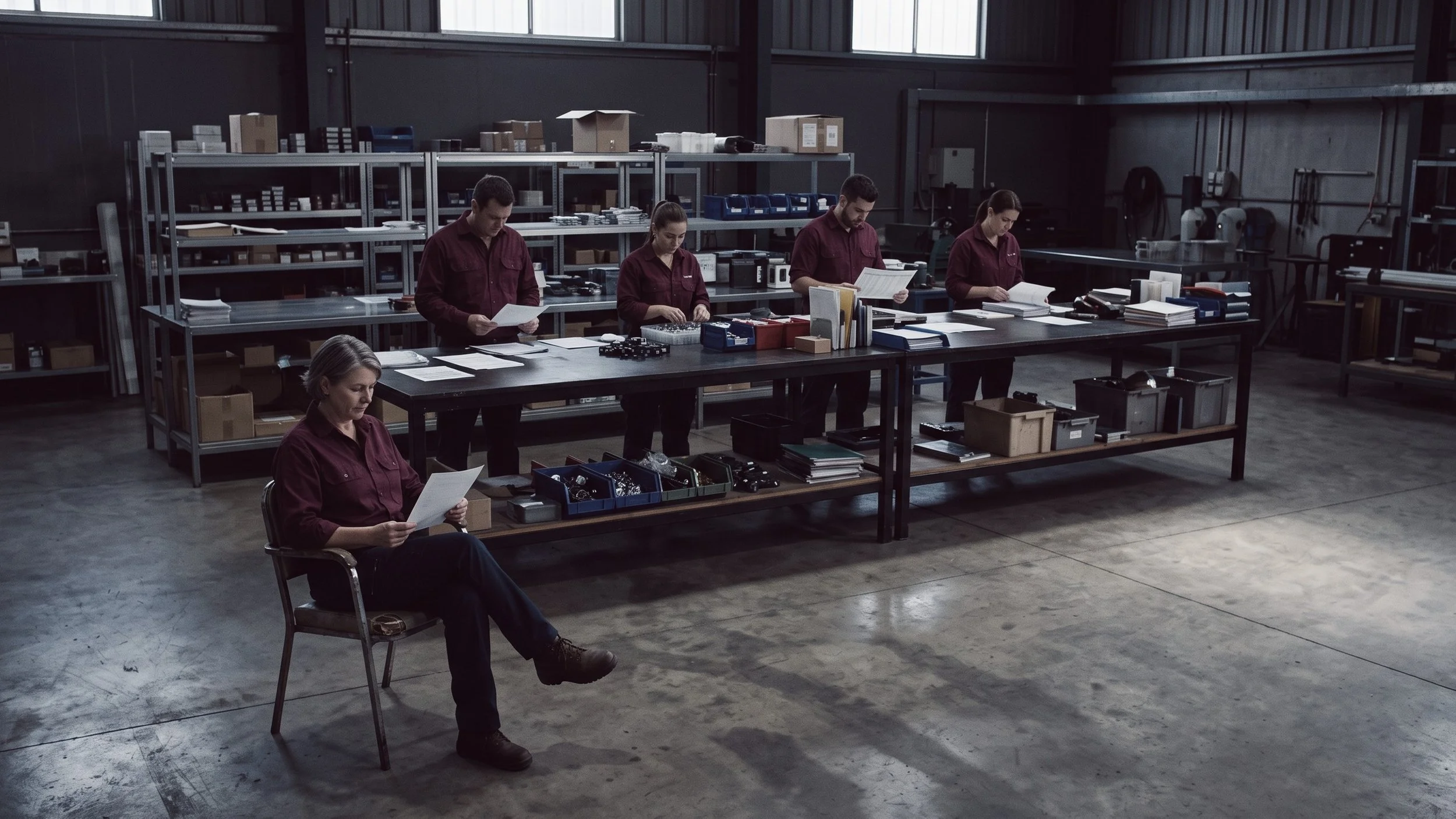 Four people read papers at long tables of parts in a warehouse while a fifth sits apart in front, reading a document.