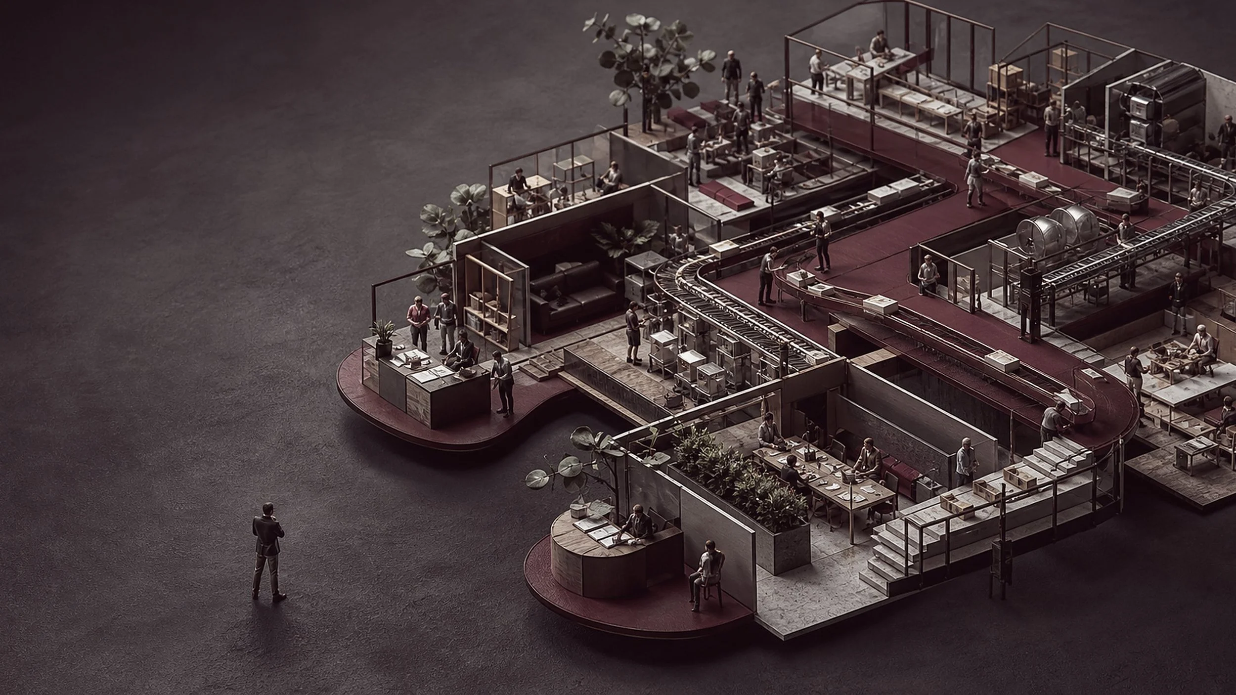 A scale model of a working operation on red platforms, with one man standing apart on the floor looking at it.