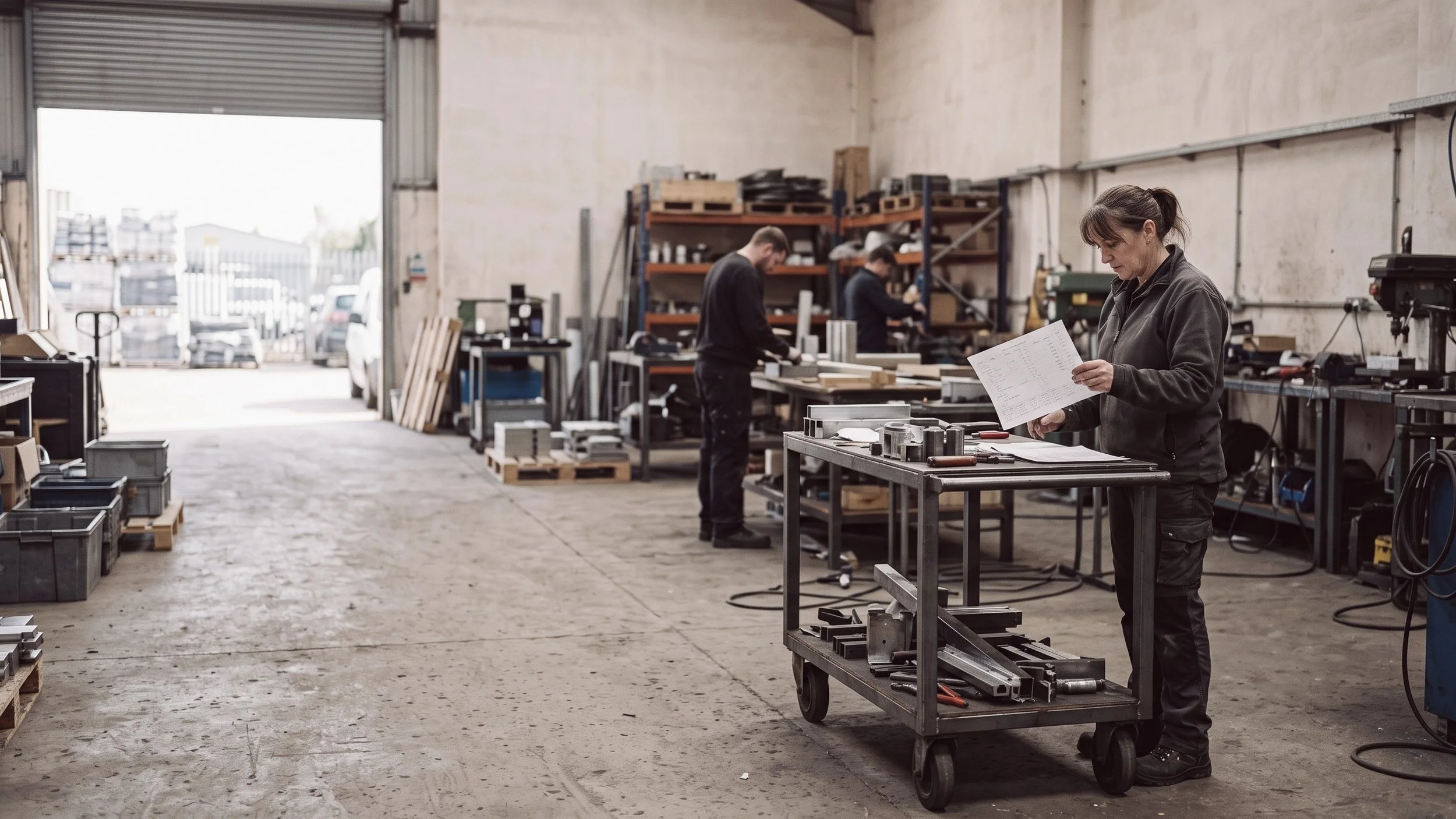 A woman reads a sheet of paper at a tool cart in a metal workshop while two men work at the shelves behind her.