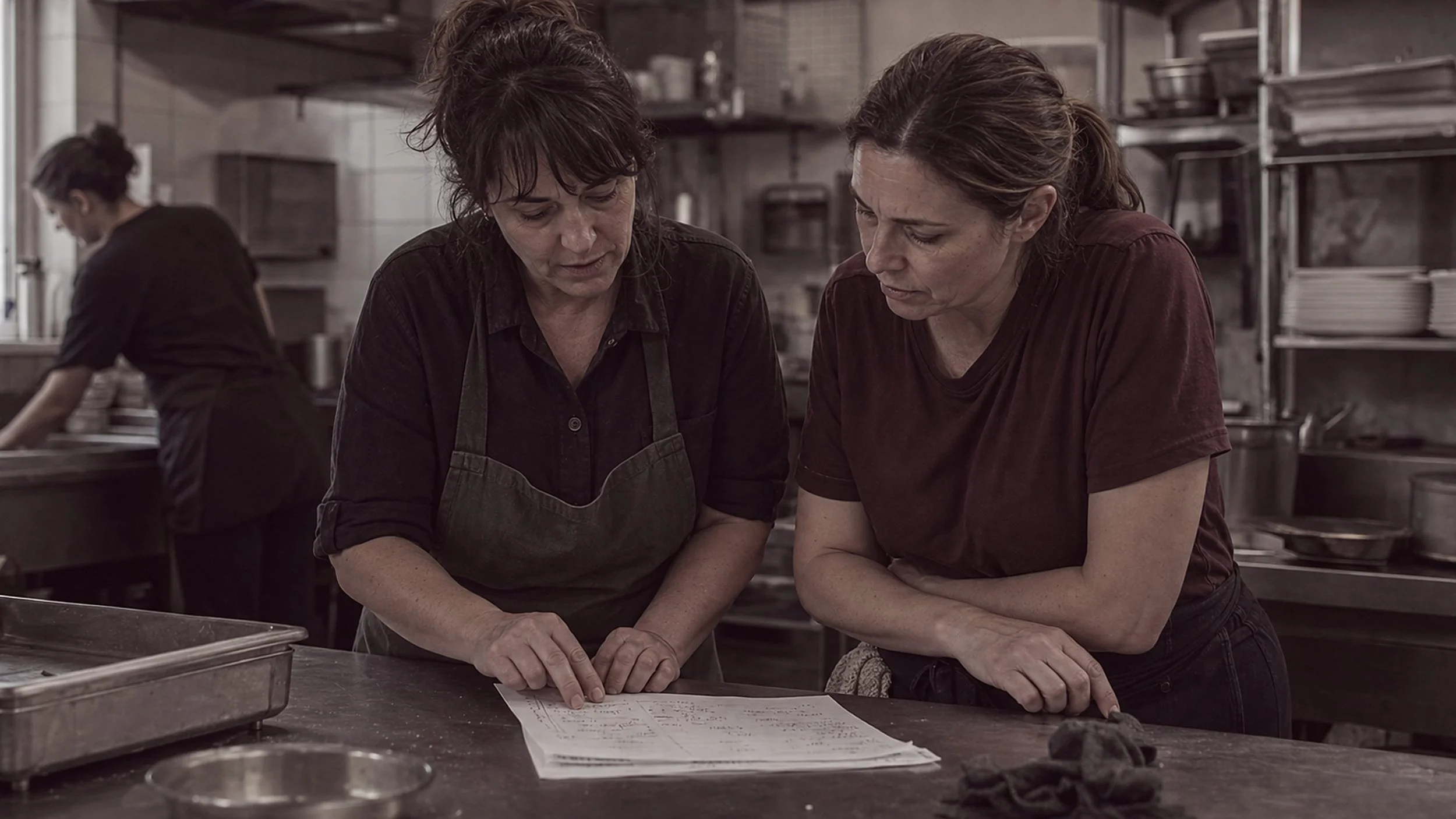 Two women go over a sheet together at a steel counter in a commercial kitchen while a third works behind them.