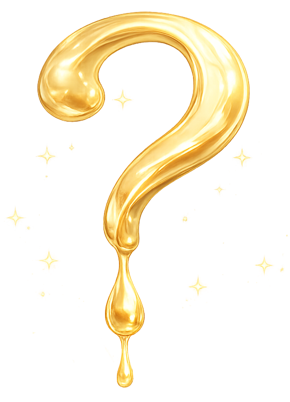 A golden, question mark-shaped object with a shiny, metallic finish and small sparkling stars around it.