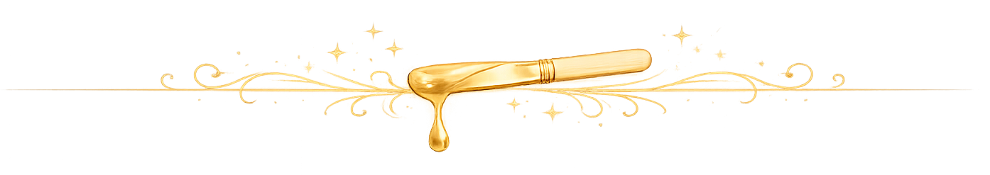 A digital illustration of a golden lipstick tube with the cap off, showing the lipstick, set against a decorative golden background featuring swirling patterns and abstract shapes.