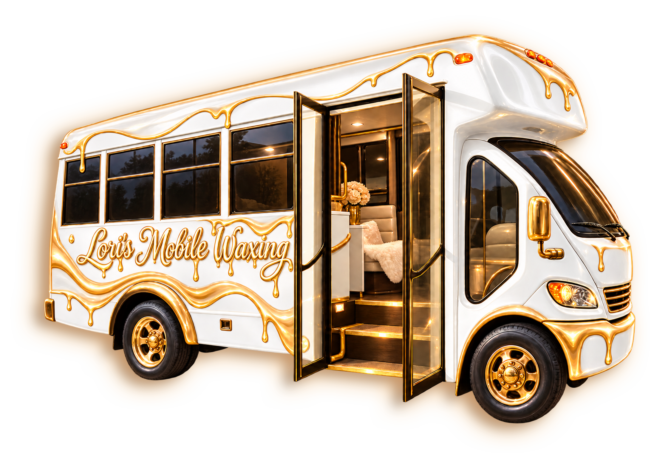 A white mobile waxing van decorated with gold accents and drips, with open door revealing a cozy interior with a chair, flowers, and a plush blanket, parked against a black and gold background.