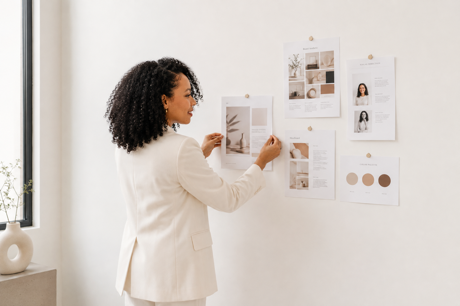 A woman in a white blazer looks at a bulletin board with various papers and images pinned to a white wall.