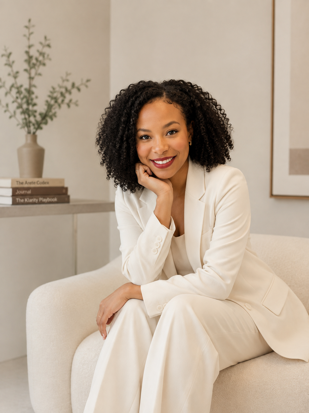A woman with curly black hair and light brown skin, dressed in a beige suit, sitting on a cream-colored sofa in a modern, neutral-toned room, smiling and resting her chin on her hand.