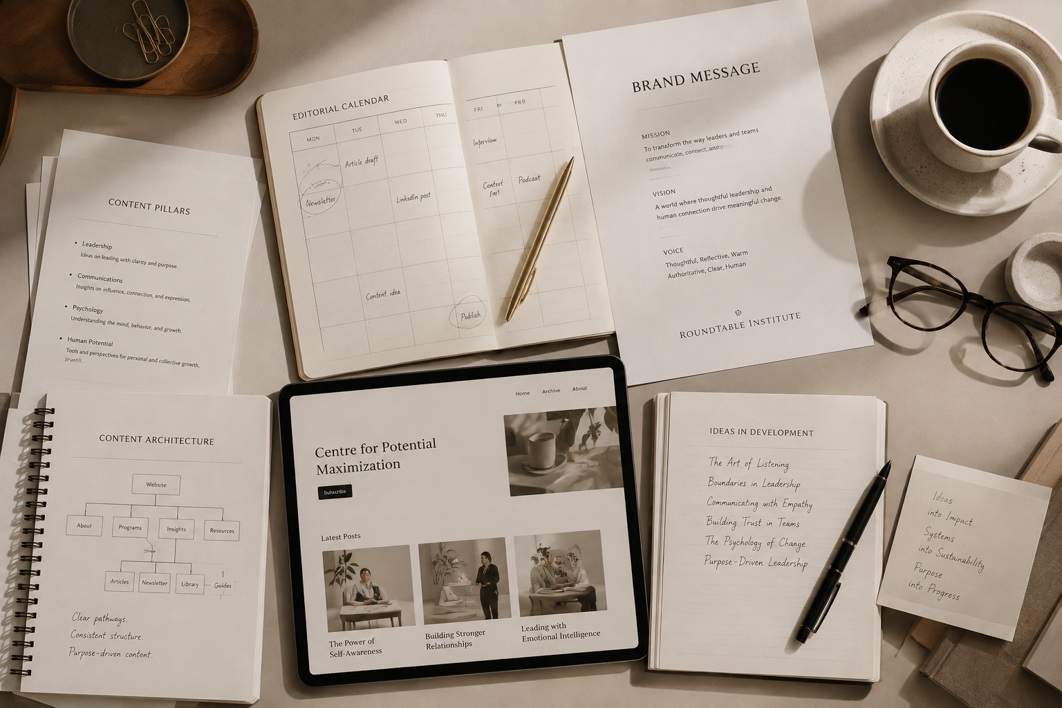 A table wth notebooks, papers and a calendar showing work.