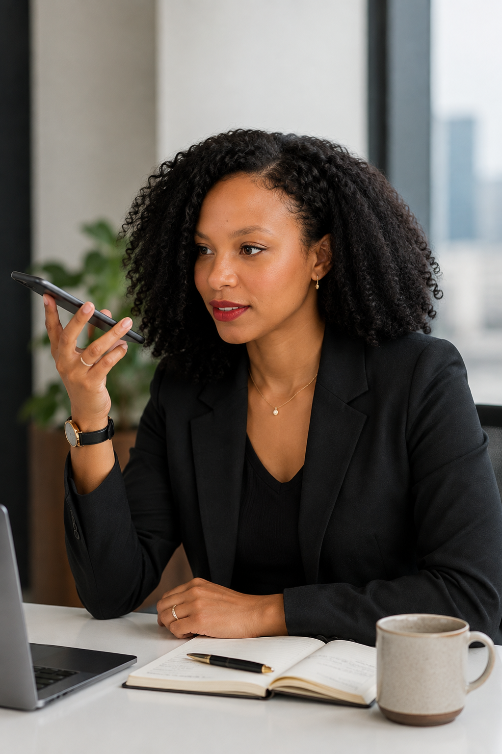 A woman in a black blazer sitting at a desk, holding a smartphone near her ear, with a notebook, pen, laptop, and coffee mug on the desk, in a modern office setting.