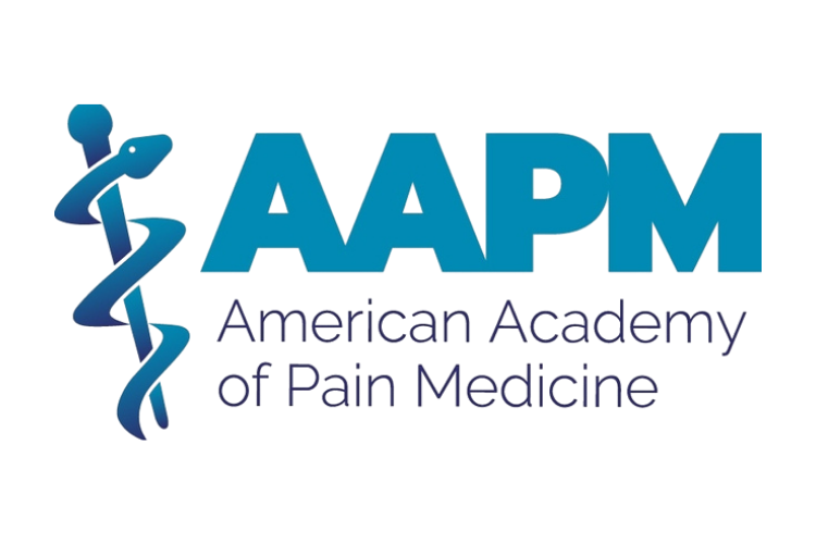 Logo of the American Academy of Pain Medicine (AAPM) featuring the organization's initials, a stylized caduceus, and the website address.