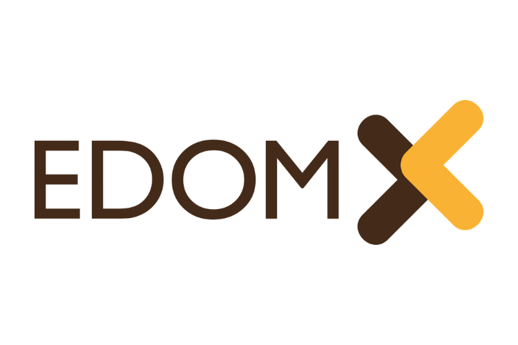 Logo with the word "EDOMx" in brown letters and a stylized yellow and brown arrow pointing right.