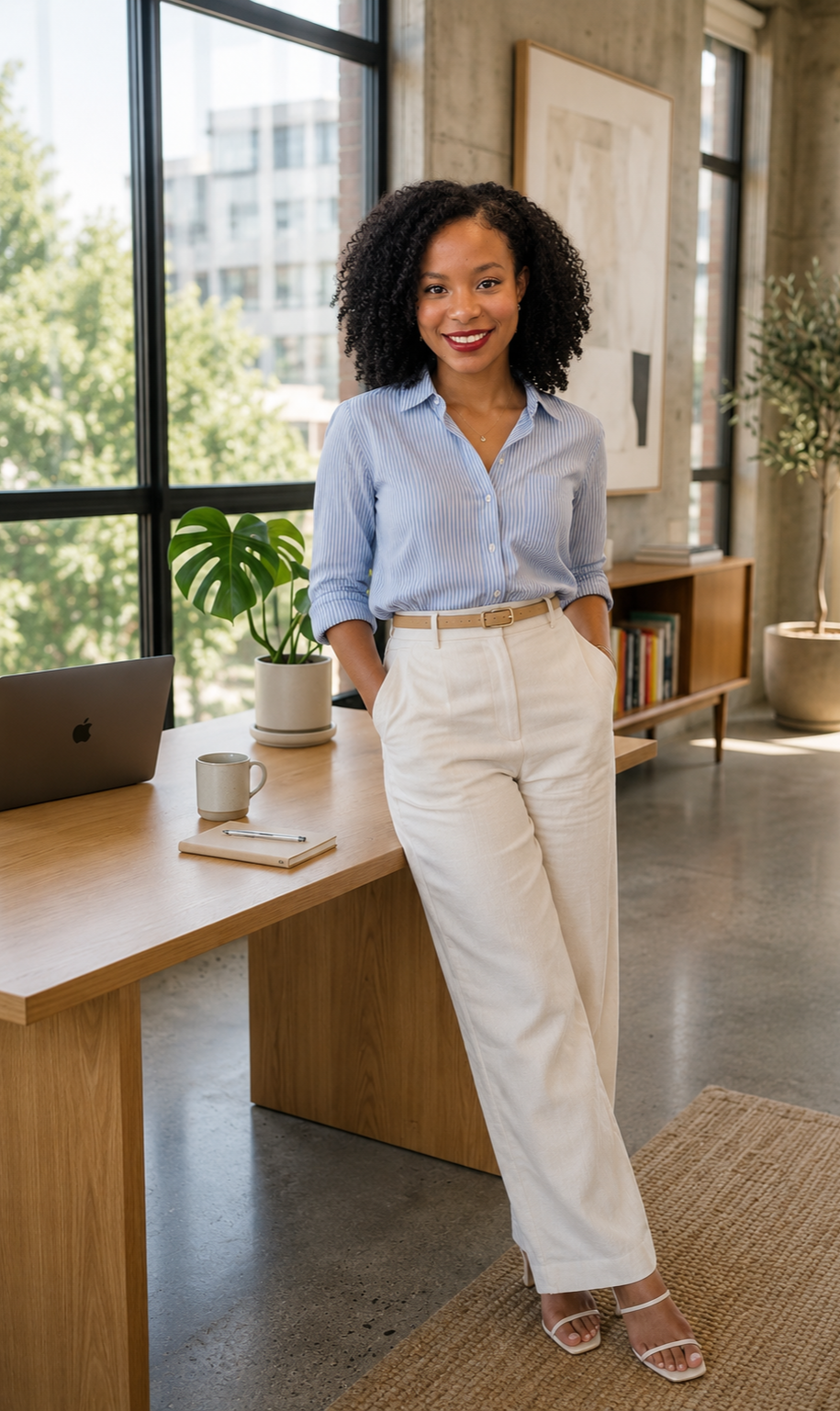 A woman standing in an office with natural light coming through large windows, wearing a light blue button-up shirt and white pants, smiling at the camera.
