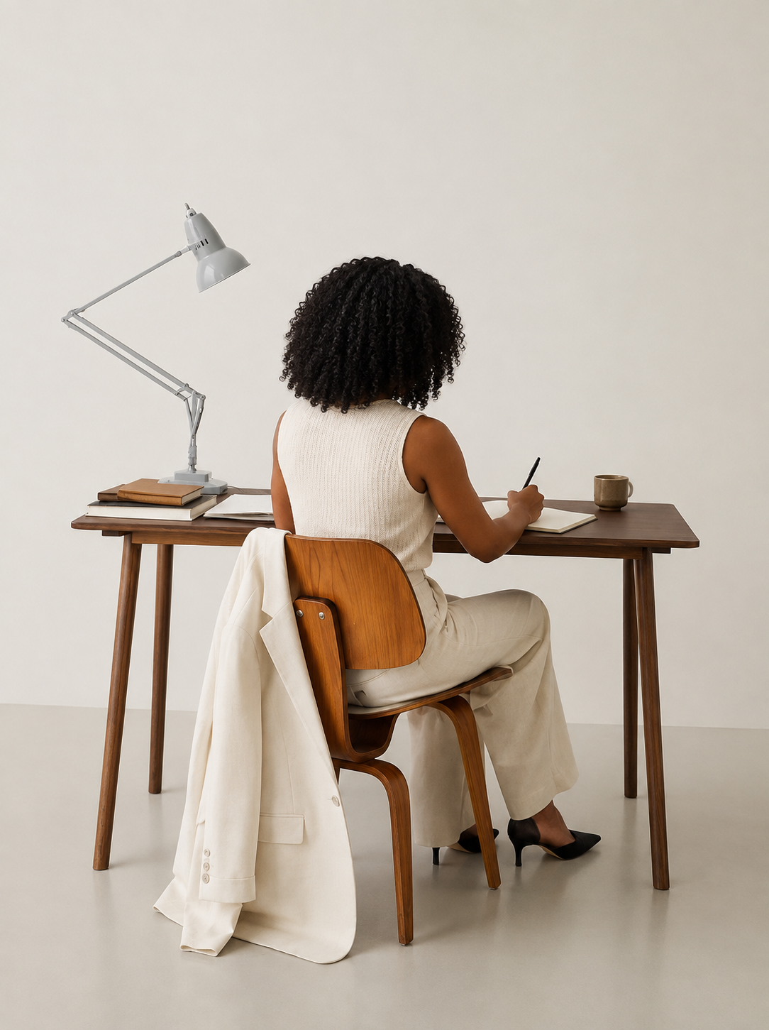 A woman with curly hair sitting at a wooden desk, writing in a notebook; desk has a lamp, books, and a mug, with a white blazer draped over her chair.