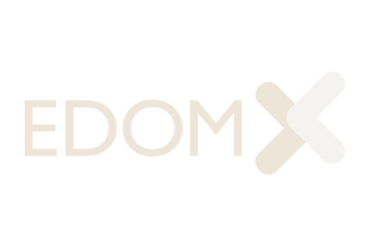 Logo with the text "EDOM" followed by a stylized 'X' on a black background.