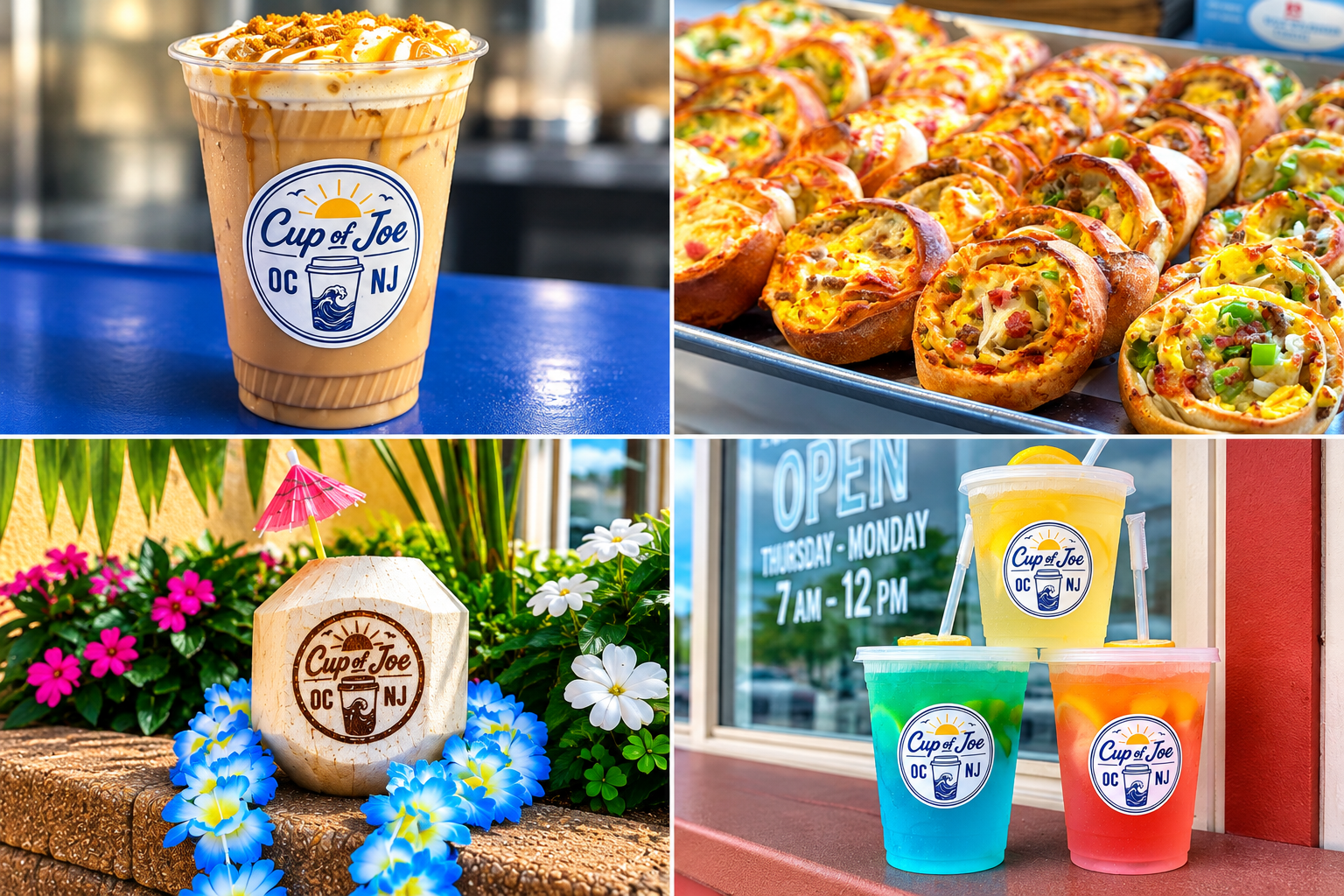 Collage of signature coffee drinks, breakfast pinwheels, pastries, and refreshers at Cup of Joe OCNJ in Ocean City, NJ.