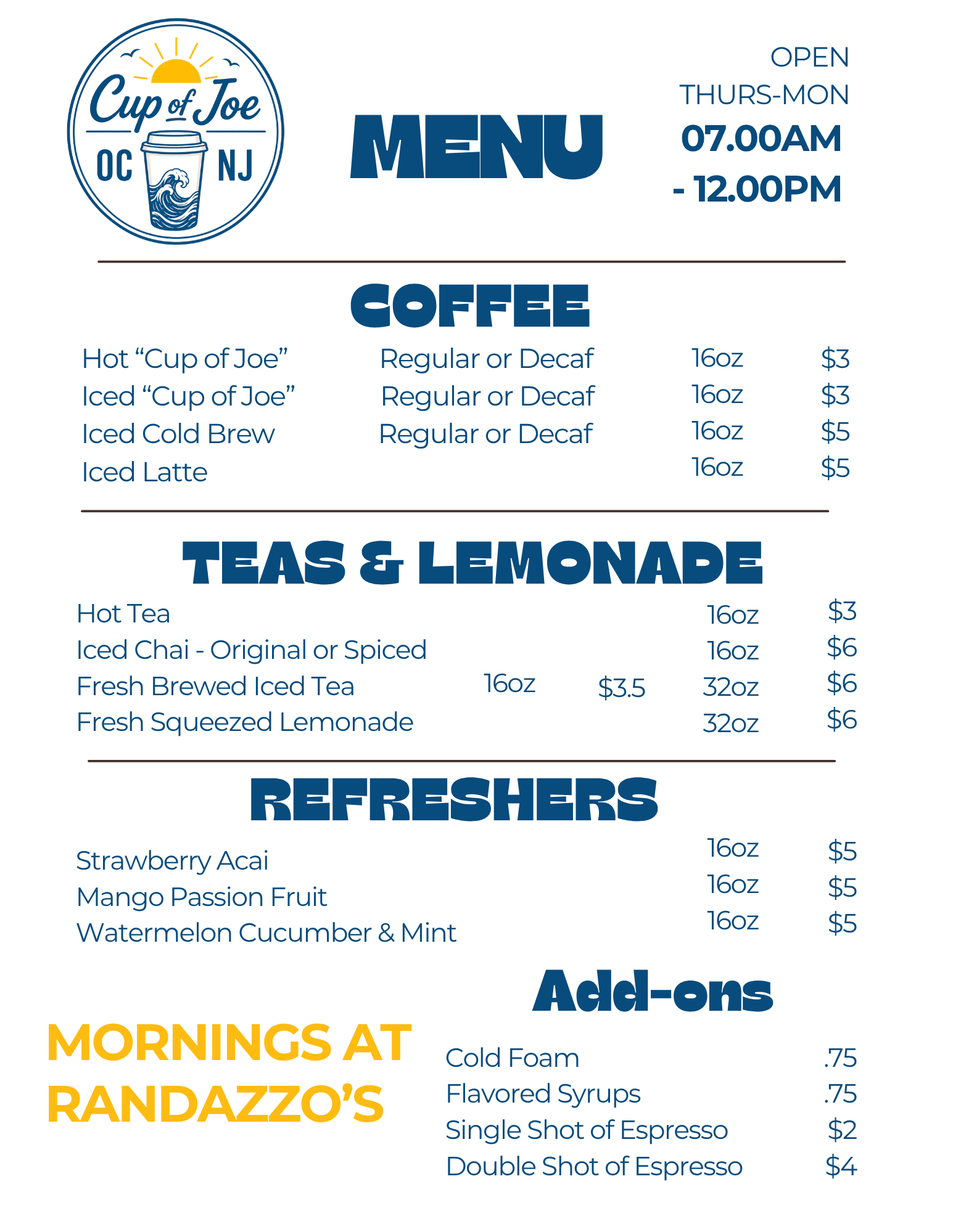 Cup of Joe OCNJ coffee menu featuring hot coffee, iced coffee, espresso drinks, teas, lemonades, refreshers, and breakfast offerings.