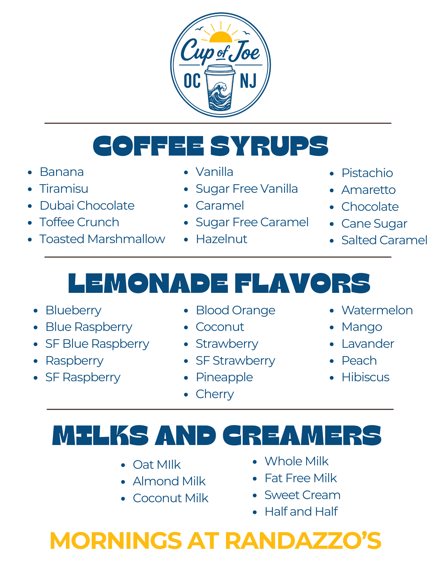 Cup of Joe OCNJ syrup flavors, milkshakes, breakfast pinwheels, and coffee customization menu.