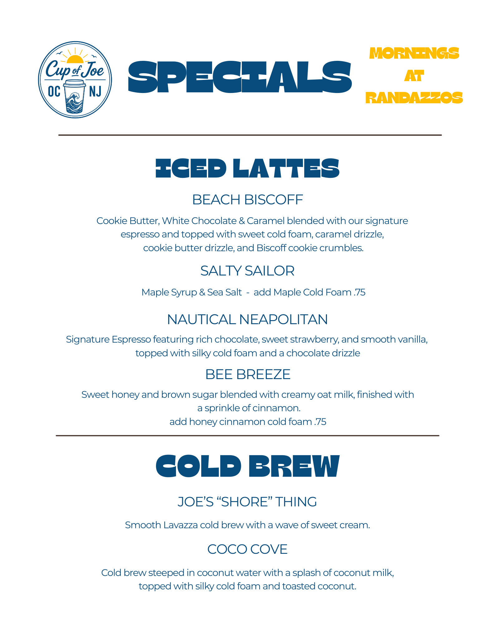 Cup of Joe OCNJ signature coffee menu featuring Beach Biscoff, Salty Sailor, Nautical Neapolitan, Bee Breeze, and Cold Brew.