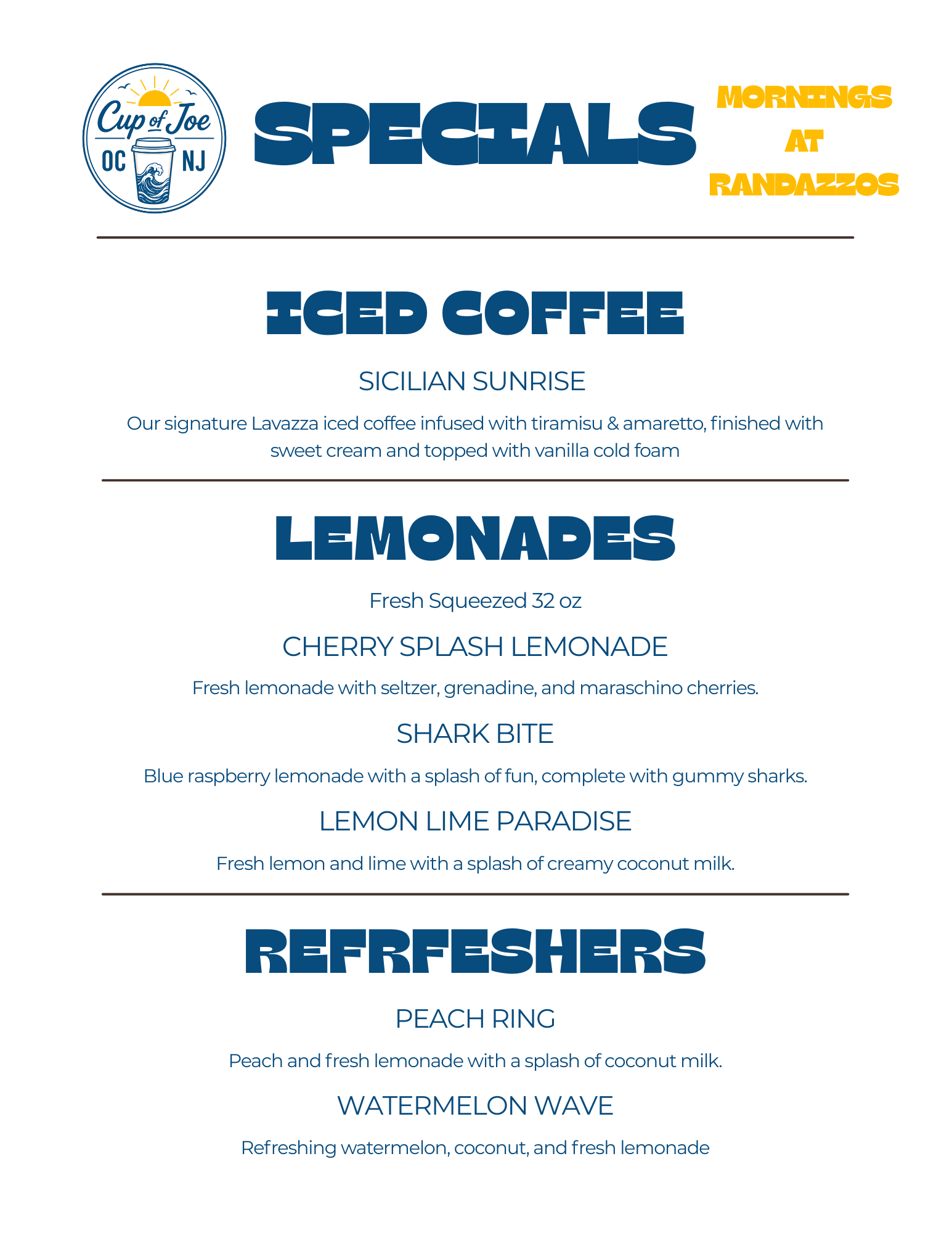 Cup of Joe OCNJ refresher and lemonade menu featuring handcrafted fruit refreshers and fresh lemonade flavors.