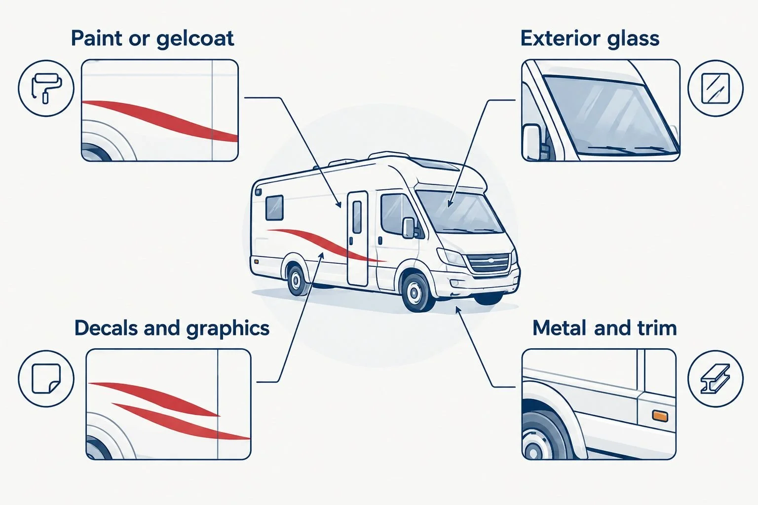 RV exterior diagram separating paint or gelcoat, glass, decals, and metal or trim.