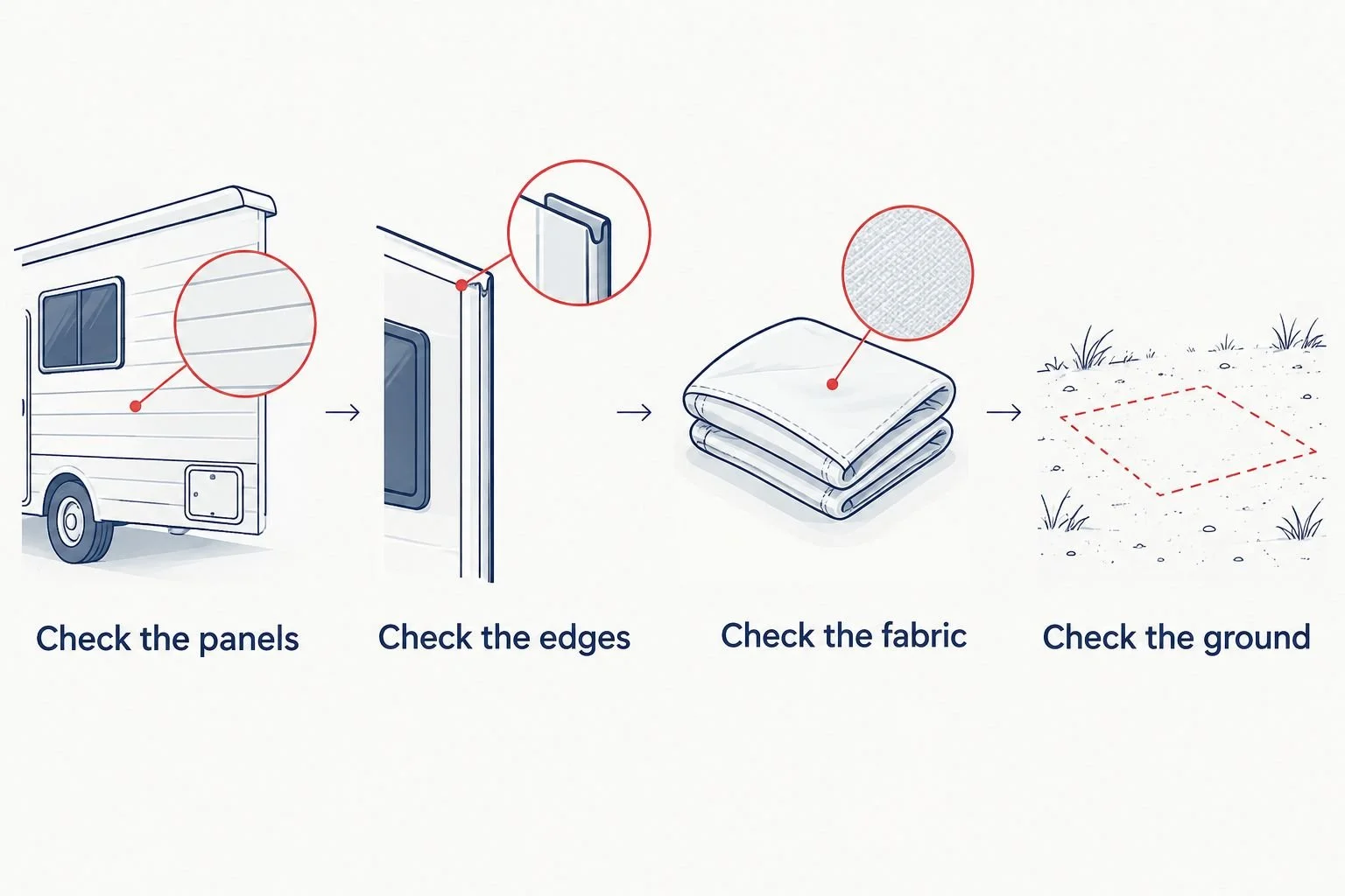 Four checks before covering an RV: panels, edges, fabric, and ground
