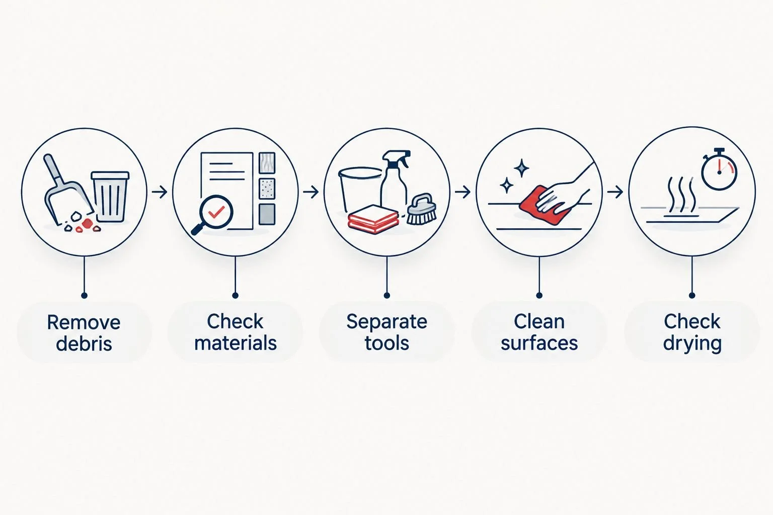 Cleaning sequence separating debris removal, material checks, tools, cleaning, and drying