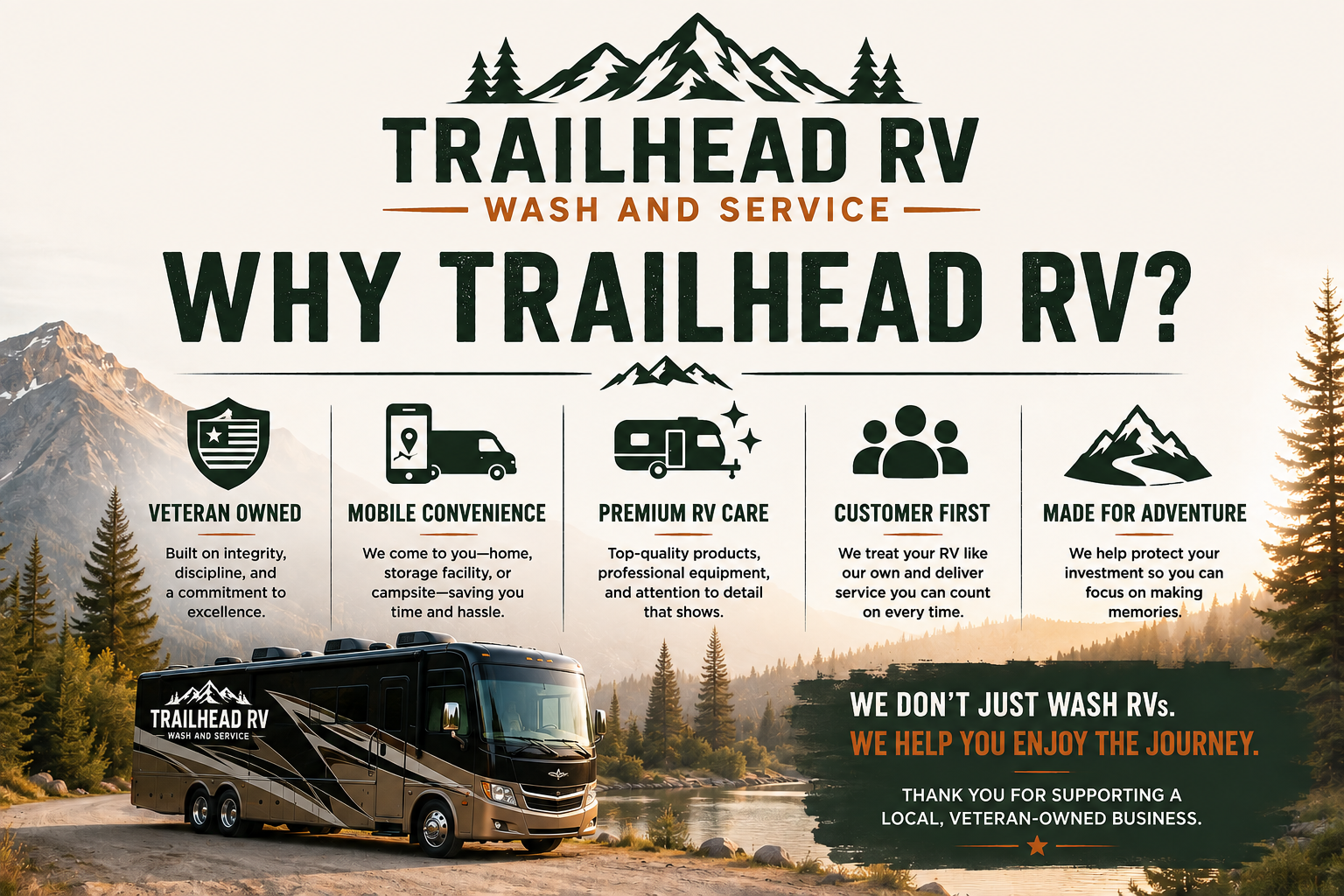 Why choose Trailhead RV Wash & Service – Veteran-owned mobile RV wash and detailing serving Weber, Davis, and Salt Lake Counties with premium RV care and convenient on-site service.