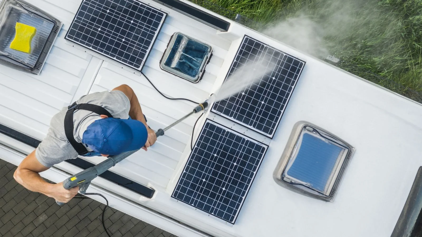A person cleaning solar panels on the roof of a white vehicle or building using a pressure washer.
