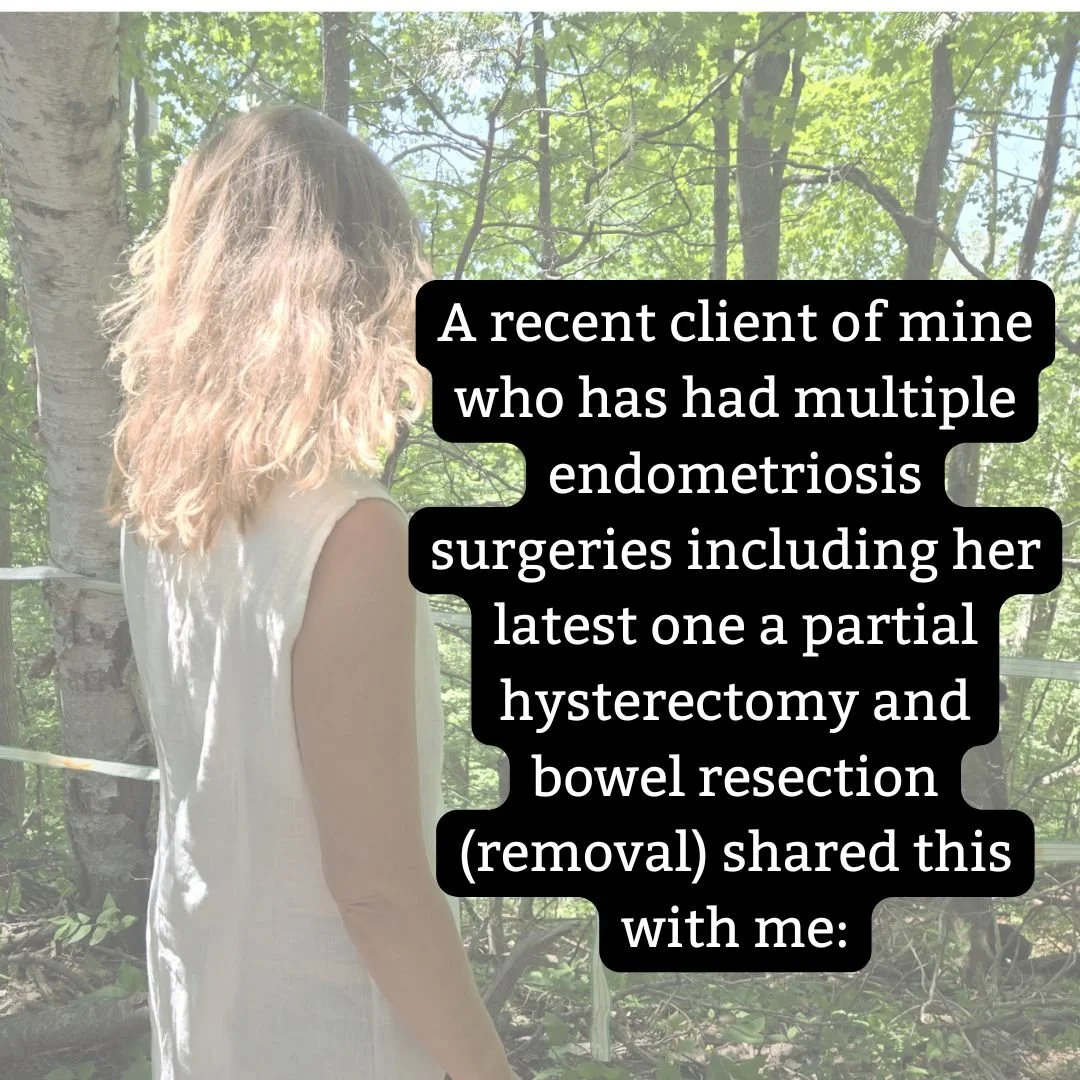 Sometimes someone comes in for one thing and another is also resolved!

(This story is shared with permission despite being anonymous).

One of my current clients has a lot of scar tissue in her abdomen from various surgeries to remove endometriosis 