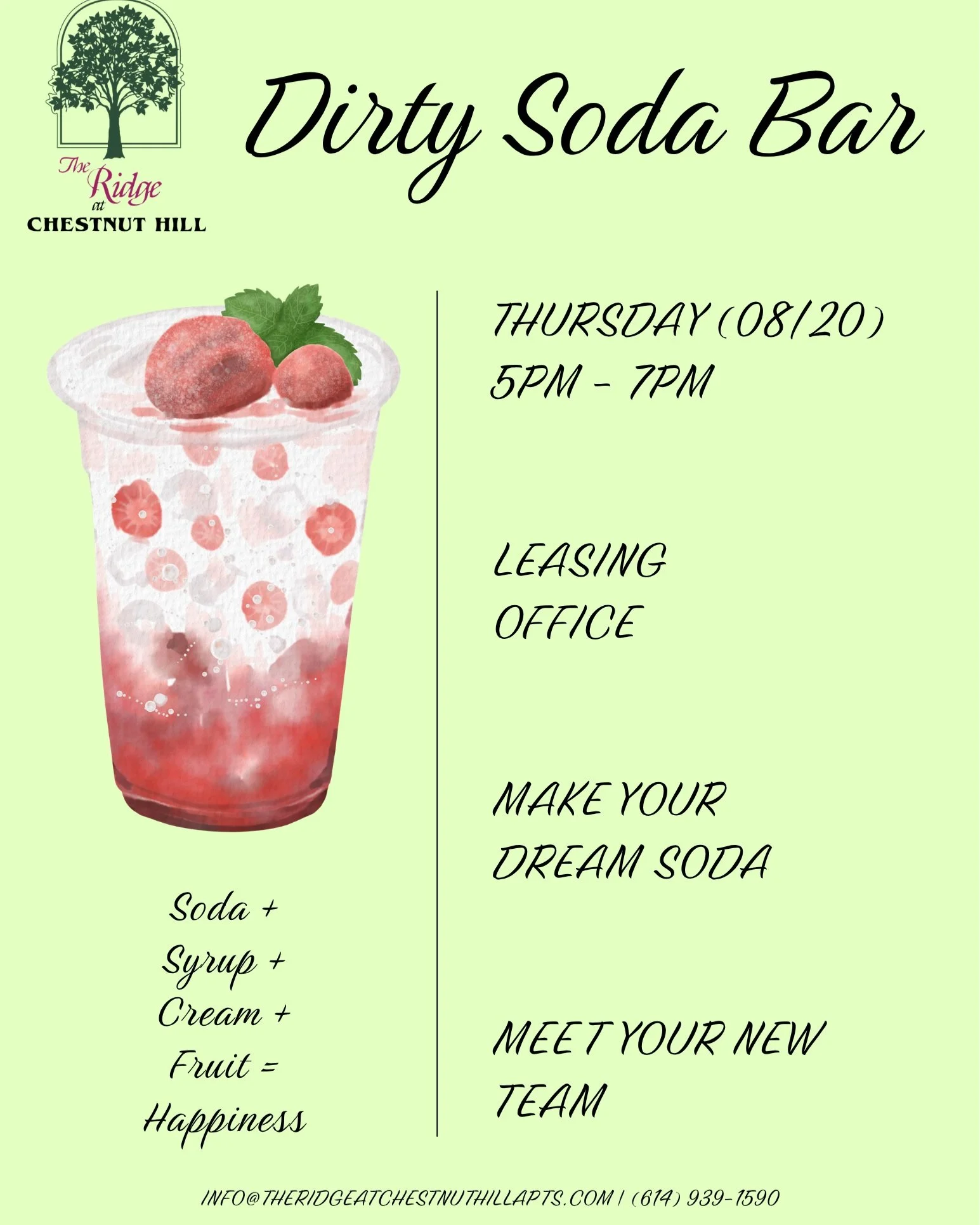 🥤✨ Dirty Soda Bar at The Ridge at Chestnut Hill! ✨🥤

Join us thursday, August 20, from 5:00 PM to 7:00 PM in the Leasing Office for a fun evening of custom dirty sodas and community connection!

Mix up your perfect drink with your favorite soda, sy