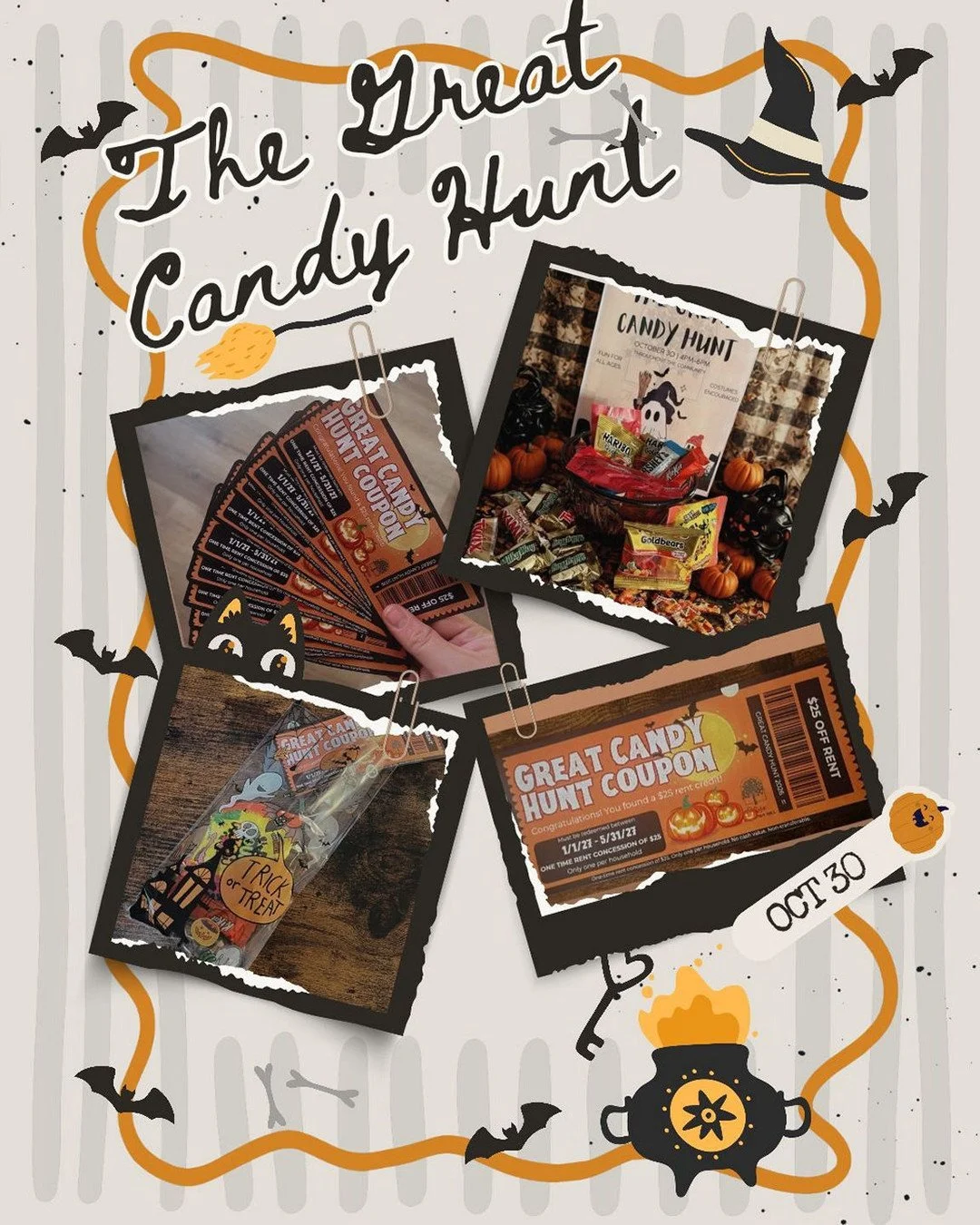 🎃🍭 The Great Candy Hunt is almost here! 🍭🎃
Join us on October 30th for a sweet adventure filled with candy, prizes, and surprises! Keep your eyes peeled because 15 lucky hunters will uncover special Rent Credit Tickets good for a one-time discoun