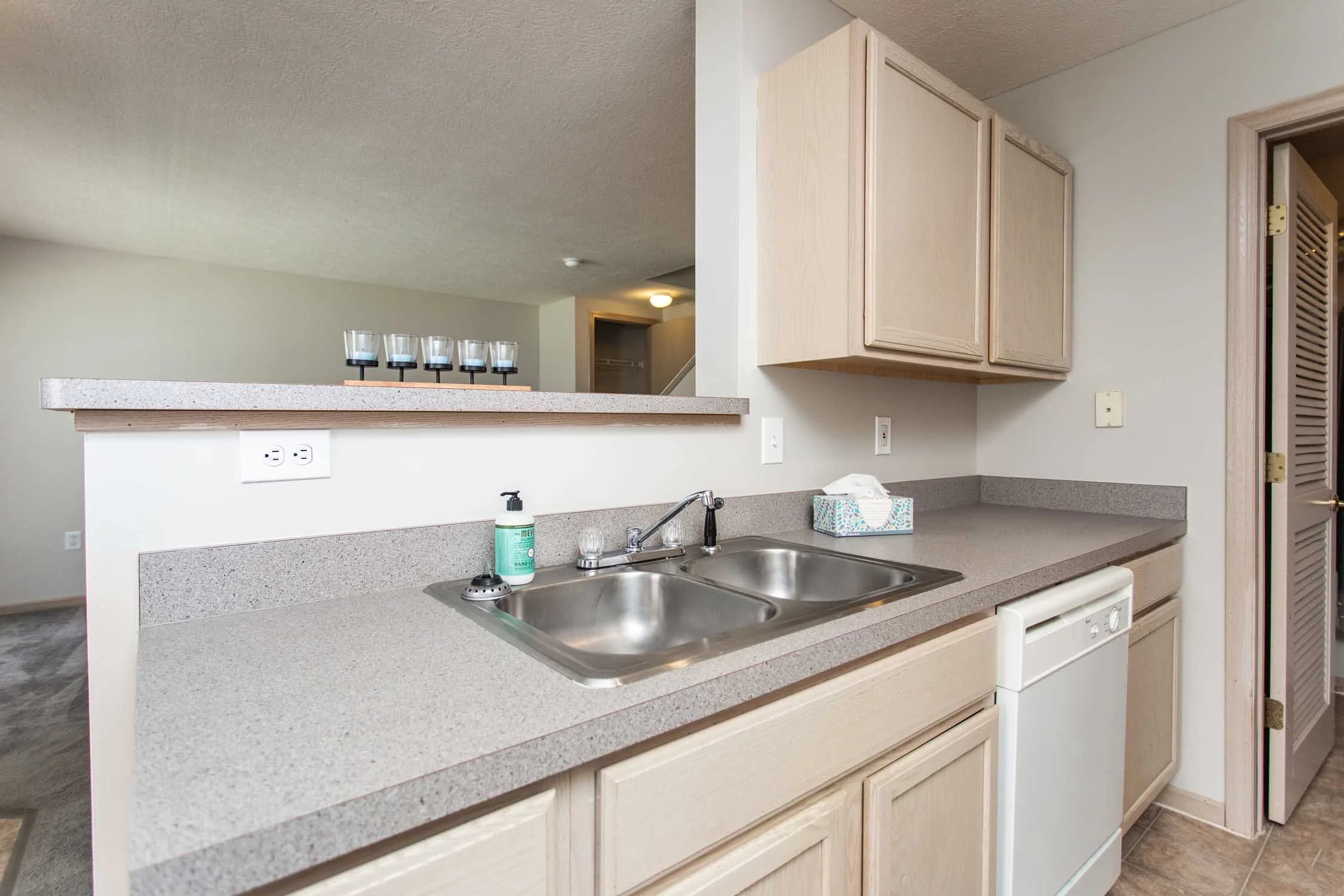Kitchen counter with double sink, soap dispenser, tissue box, and cabinets above. Four glasses are placed on a tray on a counter nearby.