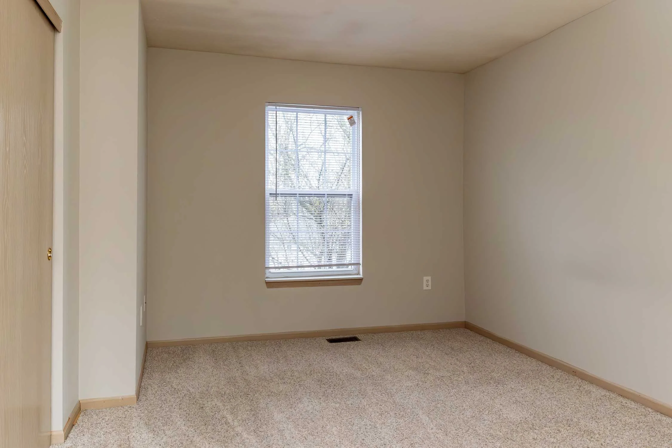 Empty room with beige carpet, light-colored walls, a window with blinds, and a wooden door on the left.