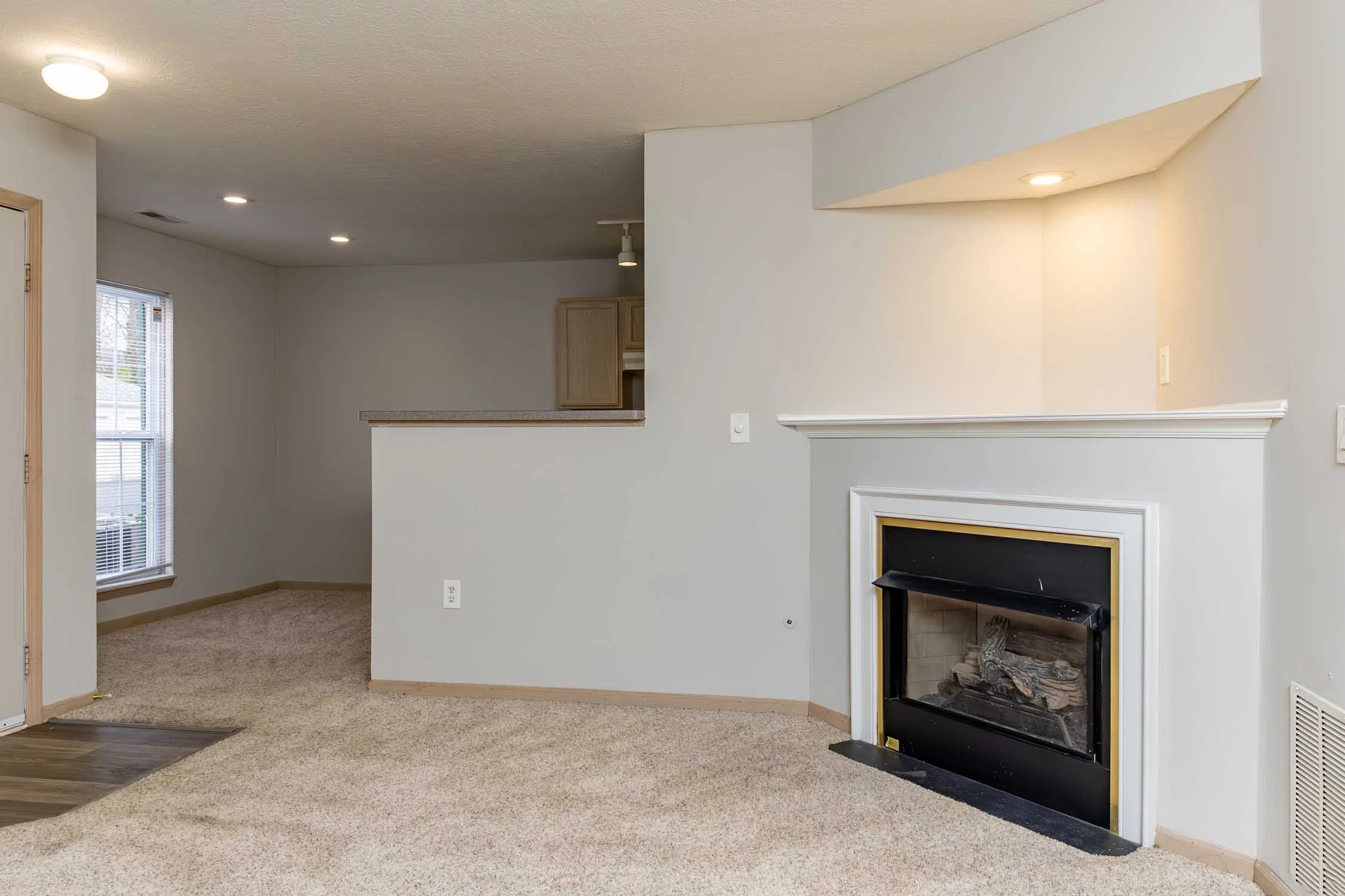 Interior of a living room with a fireplace, beige carpet, white walls, and a window with blinds.