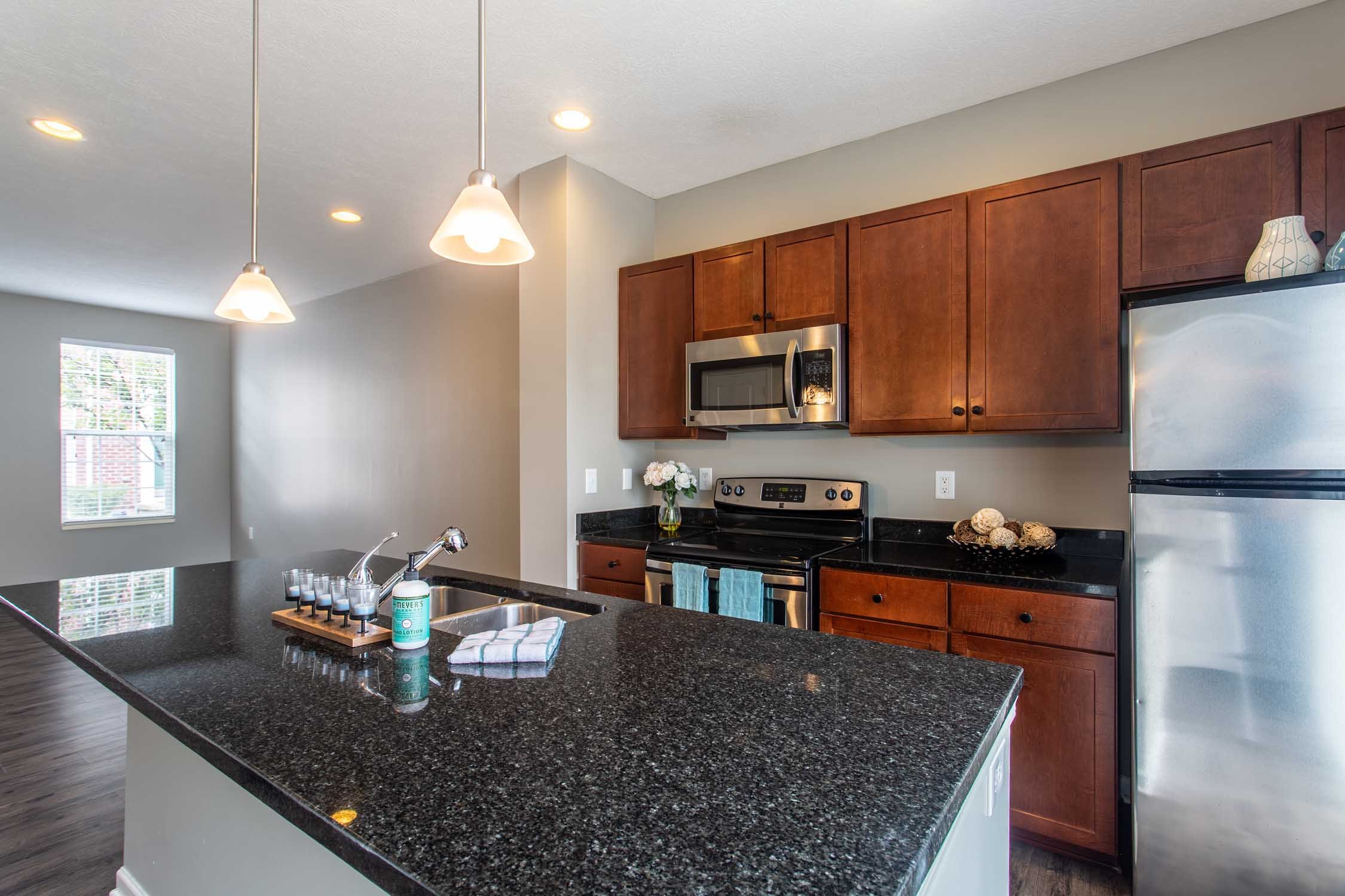 Kitchen with black granite countertops, wooden cabinets, a stainless steel microwave, stove, and refrigerator, with a window and pendant lights