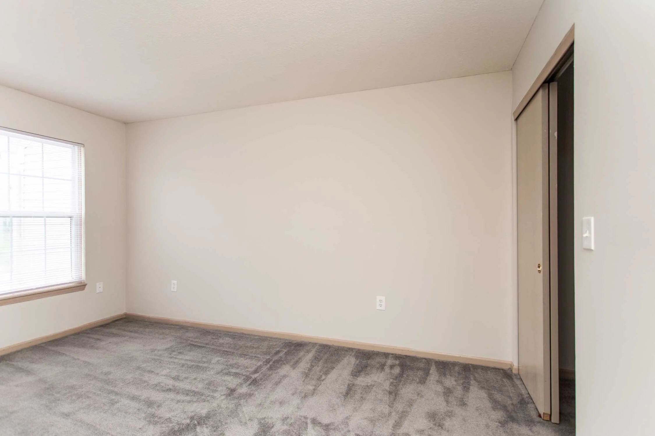 Empty living room with beige walls, carpeted floor, window with blinds, and closet with sliding door.