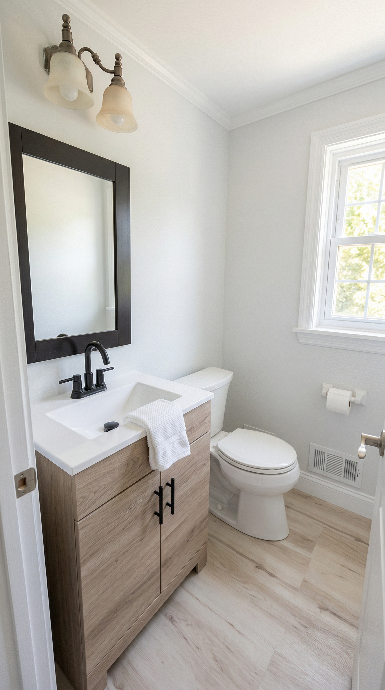 A small bathroom with a white wall, a window with greenery outside, a light wood vanity with a white sink and black faucet, a mirror with a dark frame, a white toilet, and a wall-mounted light fixture with two lampshades.