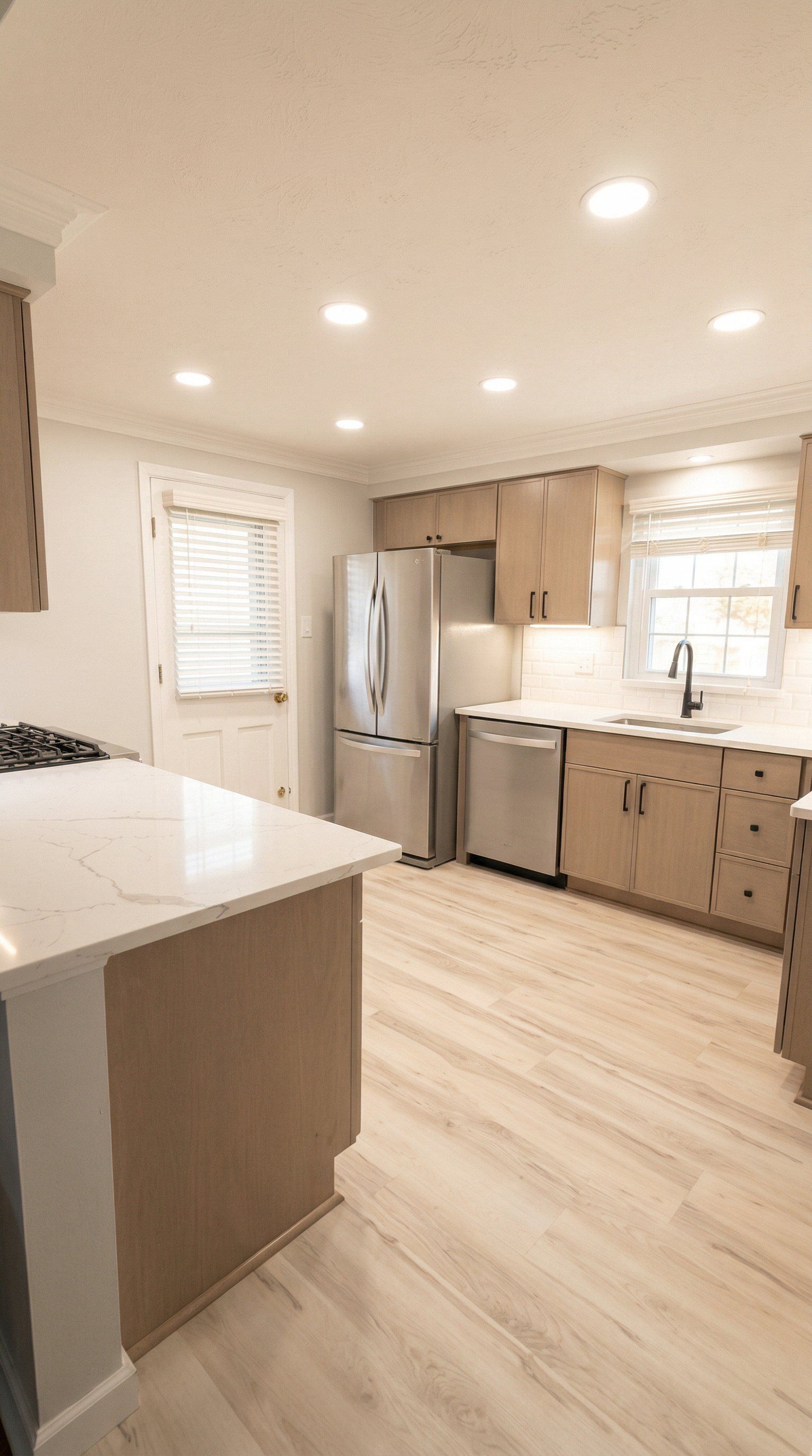 Modern kitchen with wooden cabinets, stainless steel refrigerator, dishwasher, sink, and white marble countertops. Natural light coming from window and door, with recessed ceiling lights.