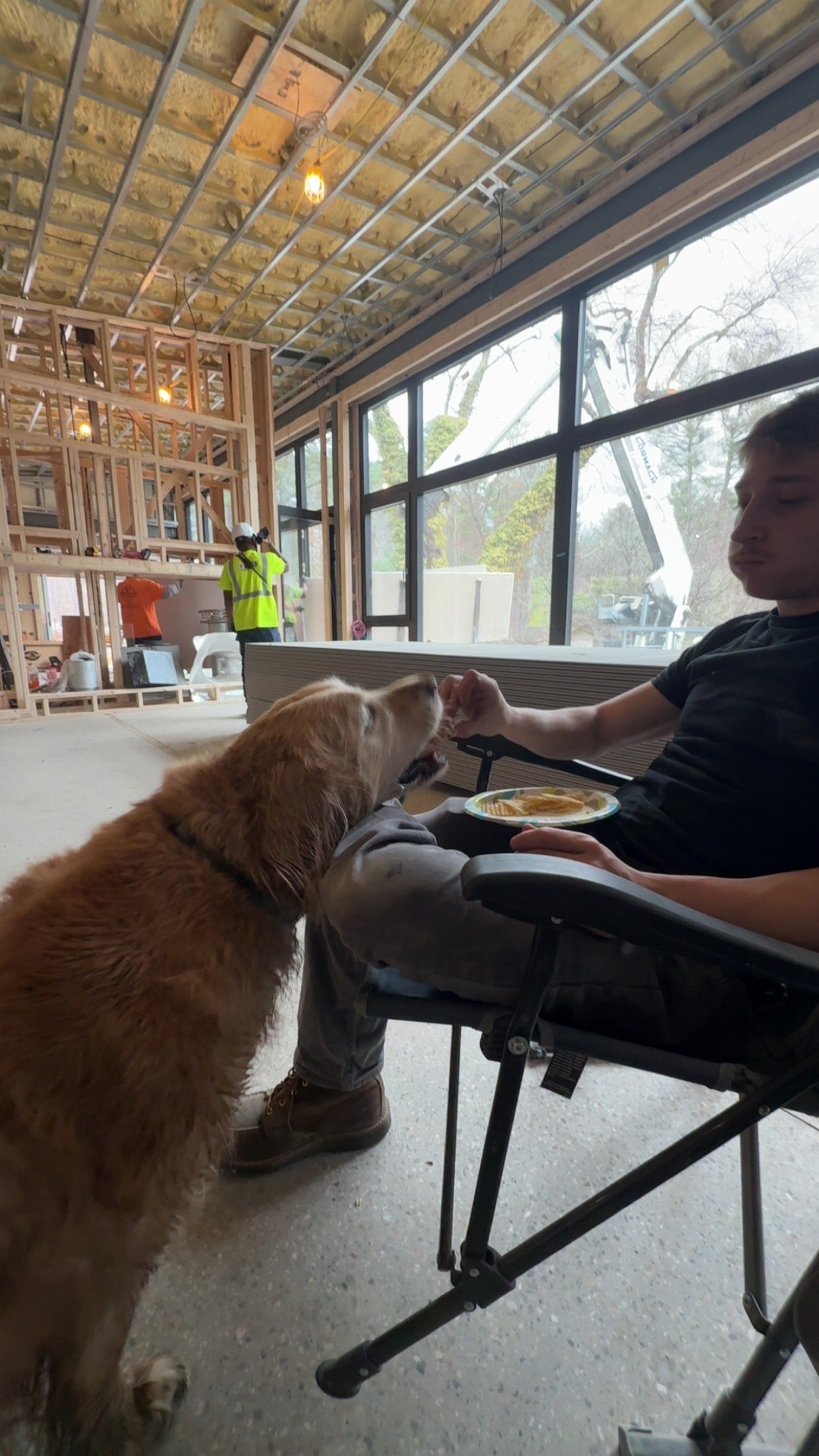 A man seated in a chair sharing a snack with a golden retriever inside a building under construction, with workers and construction equipment visible through large windows.