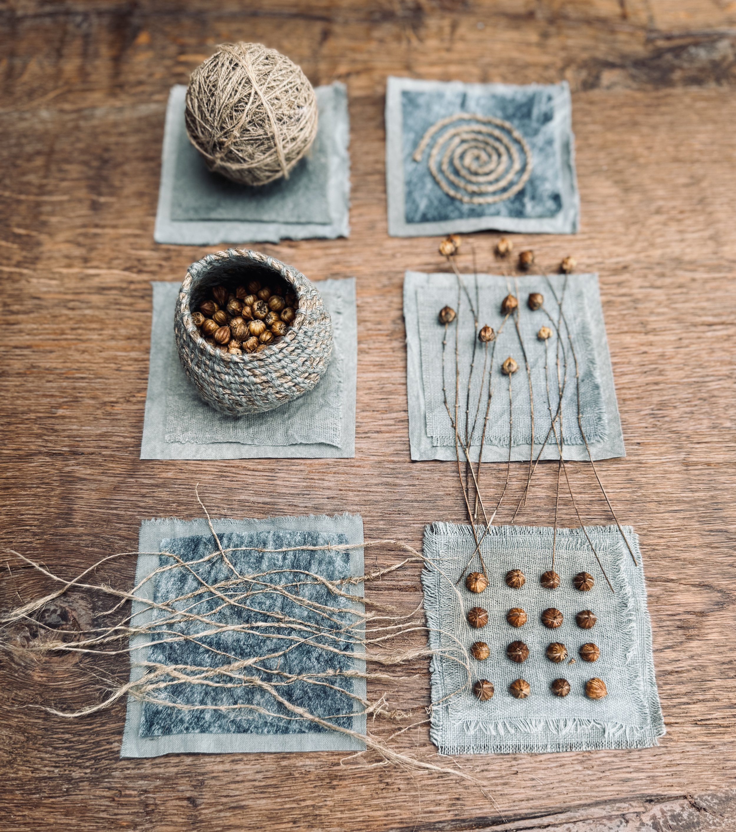Artwork in woad and flax marking Growing Slow Textiles Project 2024