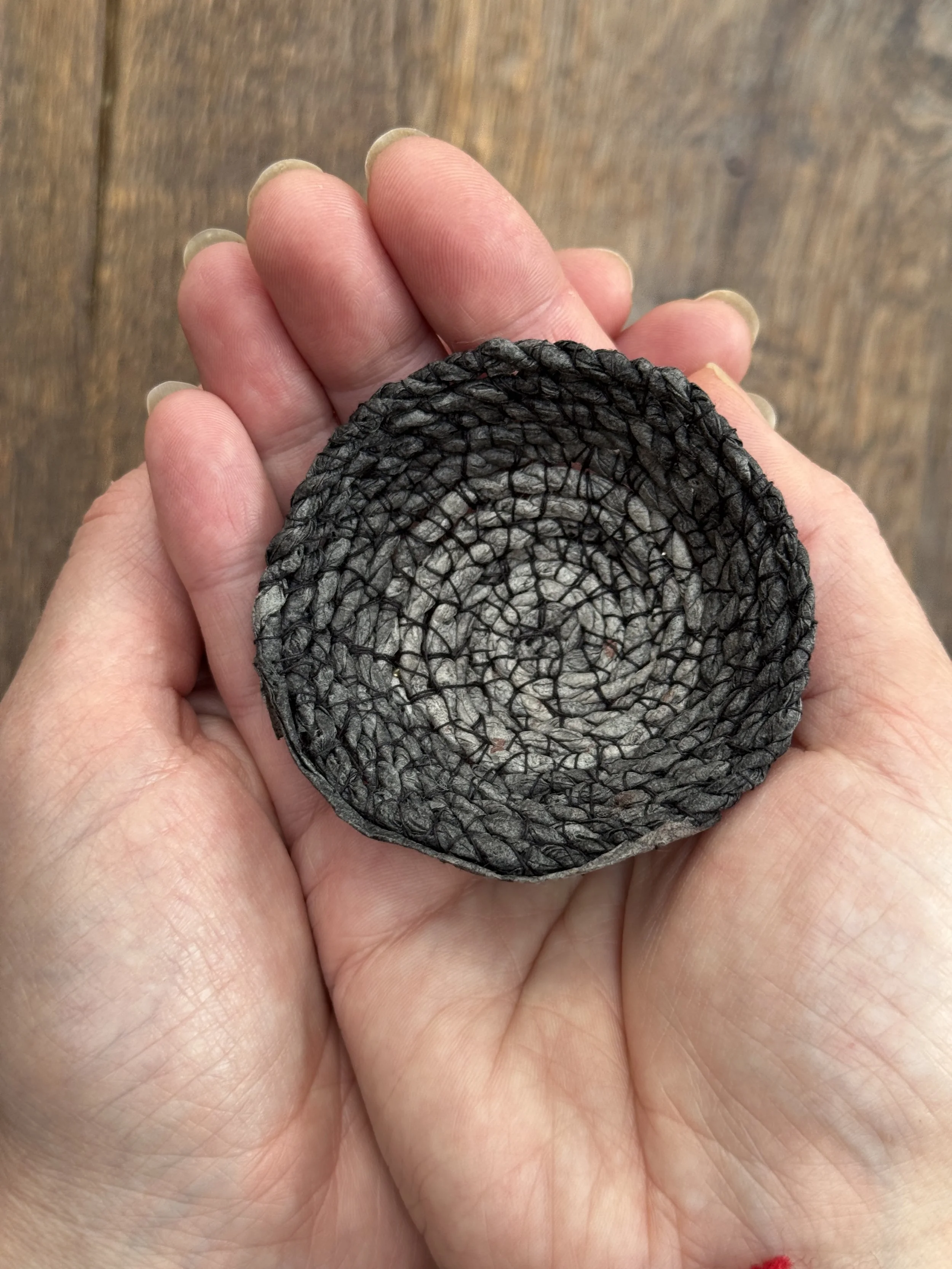 Paper cordage vessel handmade and stitched from alder dyed filter papers
