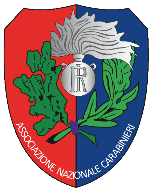 The emblem of the Associazione Nazionale Carabinieri features a shield split into red and blue sections, with green rosemary and oak branches crossed behind a central silver medal inscribed with 'R'. The top is adorned with a silver plume. "ASSOCIAZIONE NAZIONALE CARABINIERI" is written in white around the bottom.