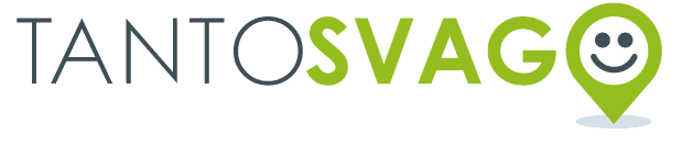 Logo with the text "Tantosvago" and a smiley face inside a green location marker icon.