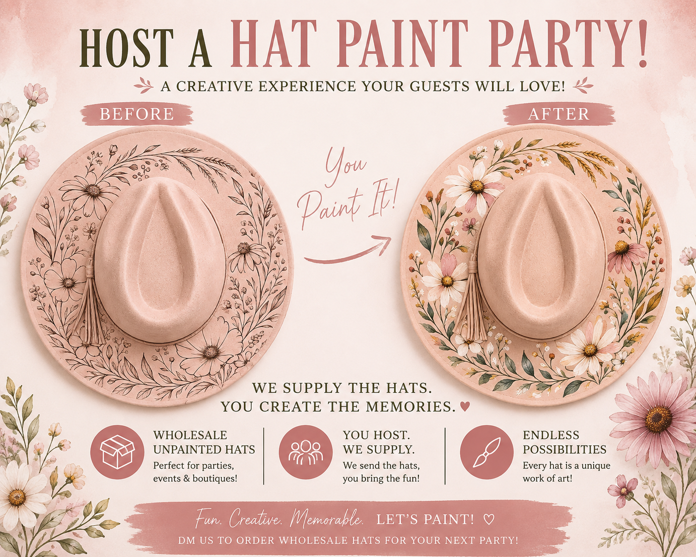 Bulk Laser Engraved Hats for Painting Parties -4 Hats Included