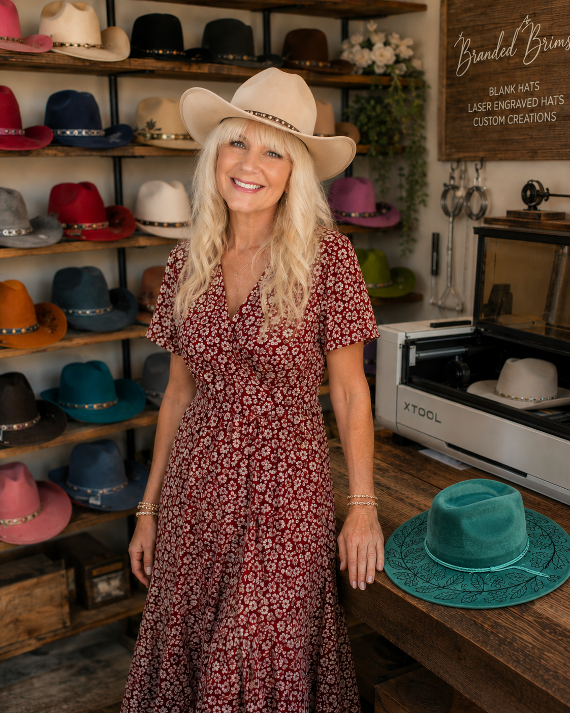 A woman with long blonde hair wearing a beige cowboy hat and a red floral dress, smiling inside a hat store with shelves of colorful hats and a wooden sign.