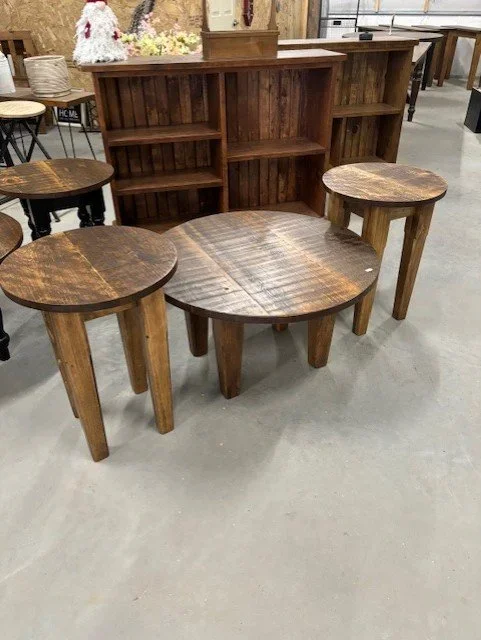 All stained Round end tables and coffee table sets