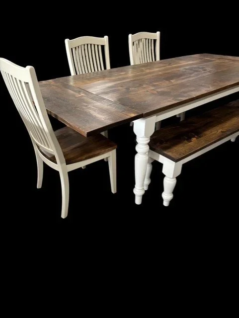 Turned creme base with stained top harvest table plus extensions