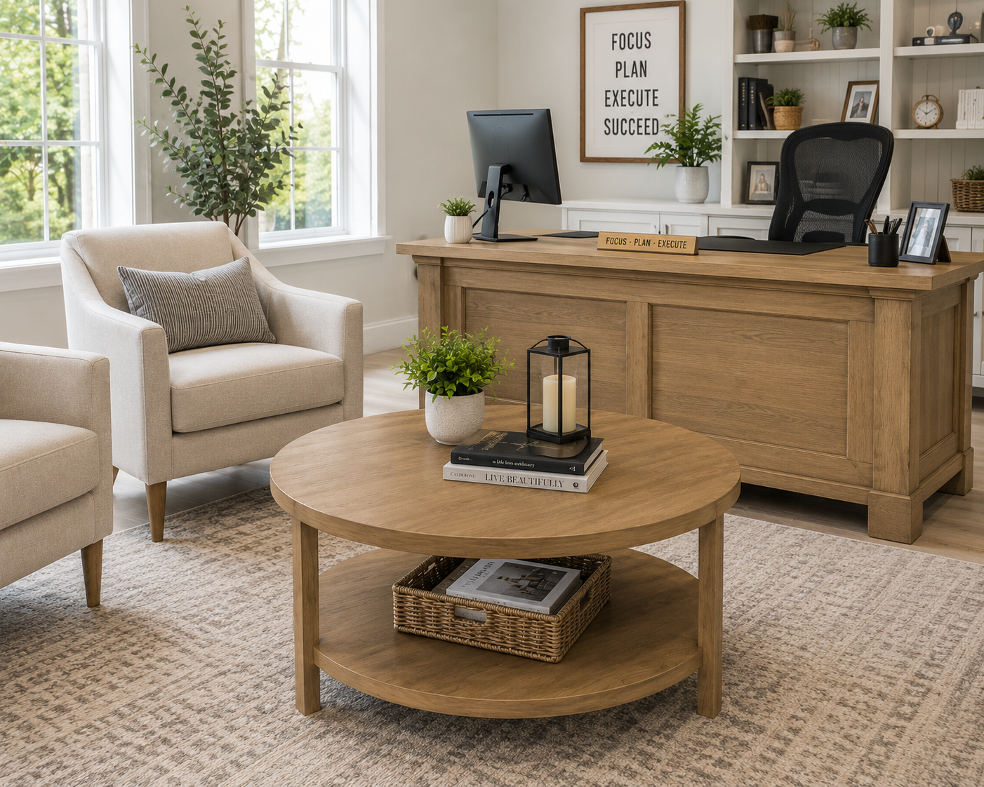 Solid maple Round coffee table with shelf