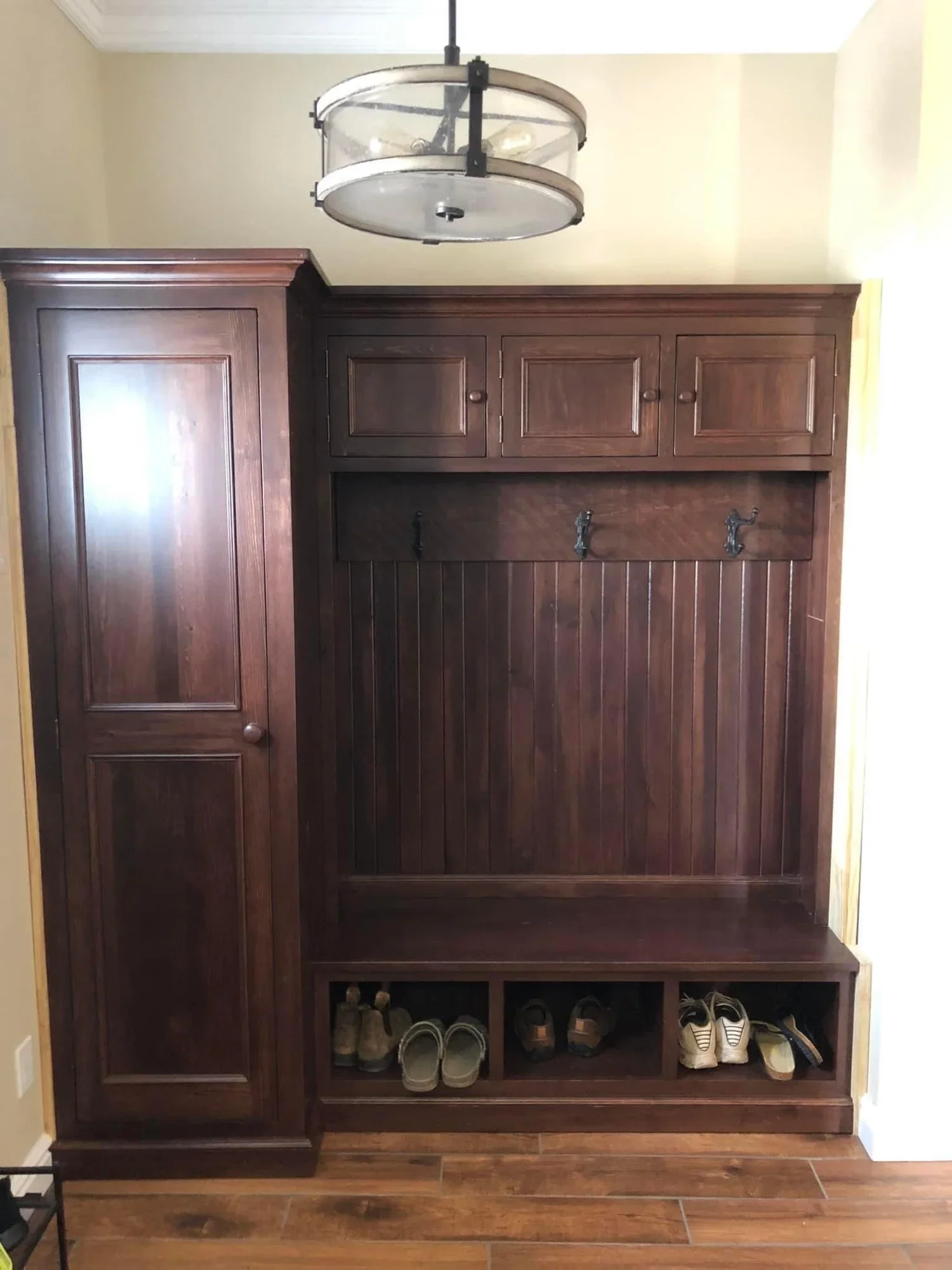 Custom hall tree with tall 1 door cabinet