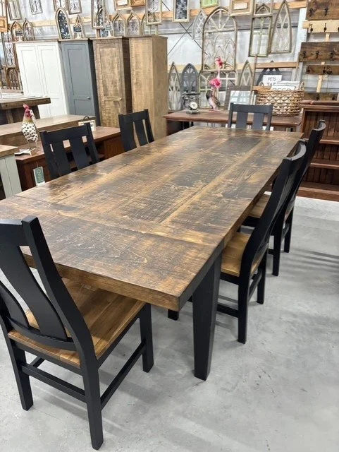 Tapered black base with stained top harvest table plus extensions