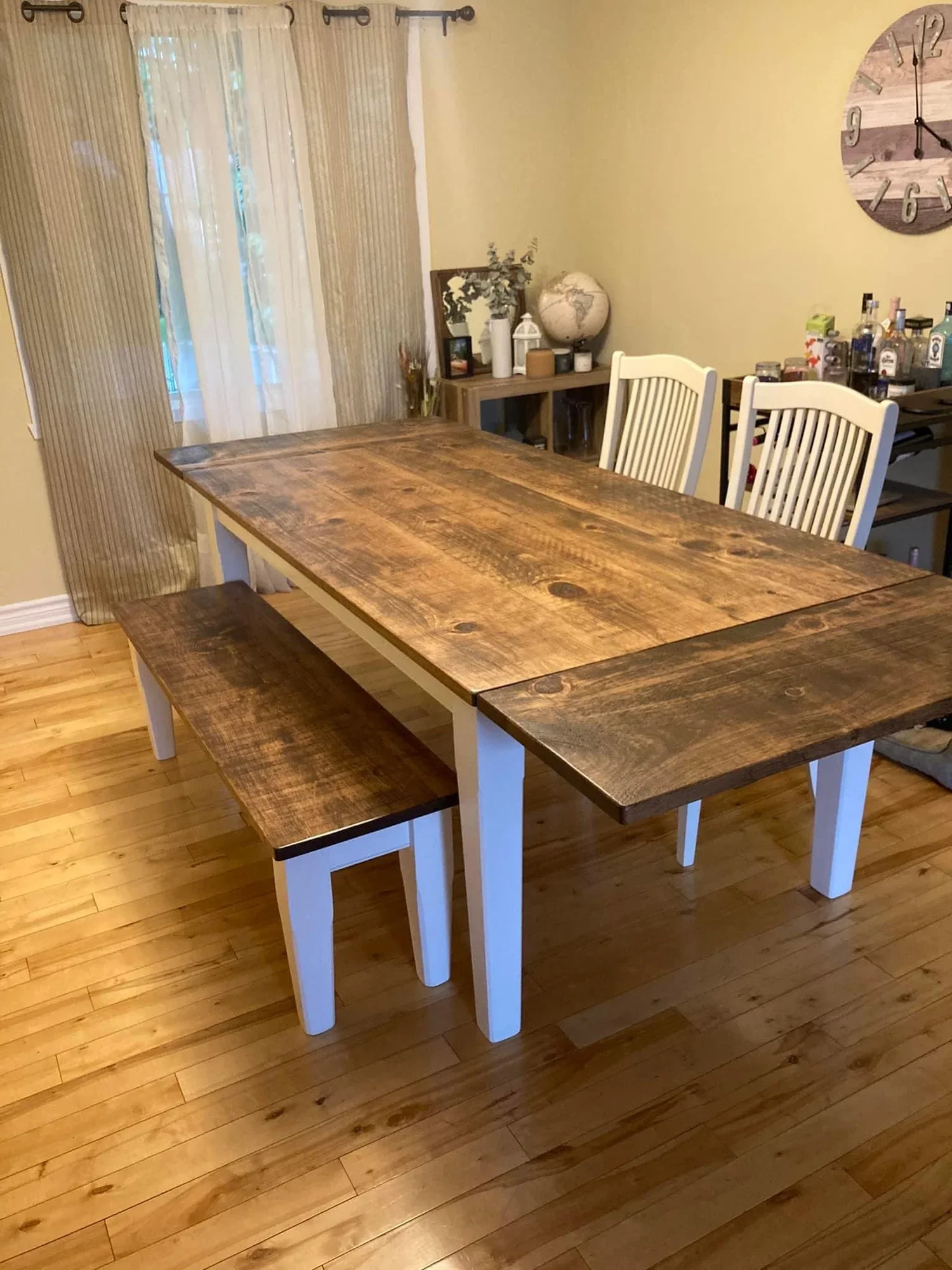 Tapered white base with stained top harvest table plus extensions